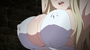 1girl animated animated_gif blonde_hair breasts breasts_squeezed_together celestine_lucullus cleavage clothes_pull covered_erect_nipples dark_skin elf grabbing_another&#039;s_breast groping huge_breasts kuroinu_~kedakaki_seijo_wa_hakudaku_ni_somaru~ long_hair nipples no_bra pale_skin pointy_ears