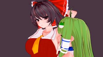 Rule 34 | 2girls, 3d, ahoge, alternate breast size (larger), animated, arm up, armpits, black hair, bow, breasts, closed eyes, closed mouth, collarbone, frilled bow, frilled hair tubes, frills, frog hair ornament, green hair, grey background, hair bow, hair ornament, hair tubes, hakurei reimu, jitome, kochiya sanae, koikatsu (medium), large breasts, leinnk4, licking, licking armpit, long hair, multiple girls, neckerchief, nose, red eyes, short hair, sideboob, simple background, sleeveless, touhou, video, yellow neckerchief, yuri