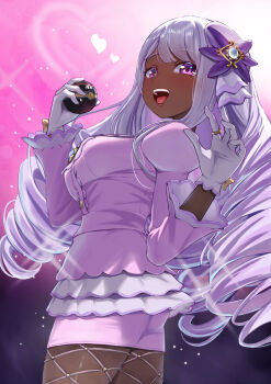 1girl :d breasts commentary_request dark-skinned_female dark_skin demonasa dress fishnet_pantyhose fishnets gloves hair_ornament heart highres holding holding_poke_ball jacinthe_(pokemon) jewelry long_hair luxury_ball nintendo open_mouth pantyhose poke_ball pokemon pokemon_legends:_z-a puffy_sleeves purple_dress purple_eyes ring smile solo sparkle teeth tongue upper_teeth_only white_gloves