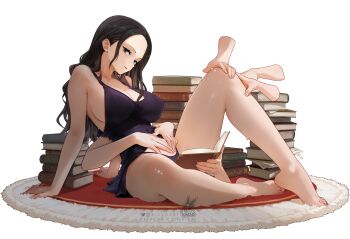 1girl arm_support bare_legs barefoot bicio black_hair book book_stack breasts carpet cleavage covered_erect_nipples devil_fruit_power disembodied_hand extra_arms extra_hands hana_hana_no_mi hand_on_own_knee hands_on_own_stomach highres knee_up large_breasts long_hair looking_at_viewer nico_robin nico_robin_(dressrosa) no_bra one_piece panties solo transparent_background underwear