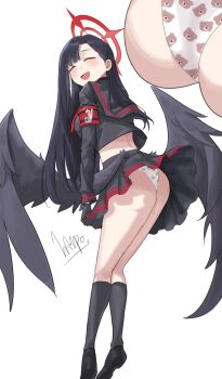 animal_print armband ass bear_print black_choker black_hair black_sailor_collar black_serafuku black_wings blue_archive blush choker embarrassed feathered_wings from_behind halo hampo1219 highres ichika_(blue_archive) long_hair looking_at_viewer low_wings neckerchief open_mouth panties print_panties red_armband red_halo red_neckerchief sailor_collar school_uniform serafuku skirt skirt_flip underwear white_background white_panties wings