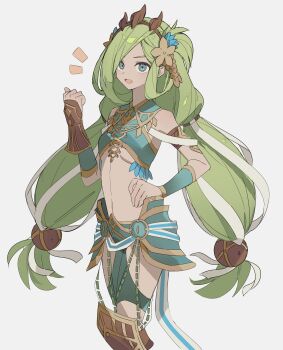 Rule 34 | 1girl, absurdres, alternate form, arm up, commentary request, dana iclucia, george man, green eyes, green hair, hand on own hip, highres, long hair, low-tied long hair, notice lines, open mouth, simple background, smile, solo, standing, tiara, twintails, very long hair, white background, ys, ys viii: lacrimosa of dana