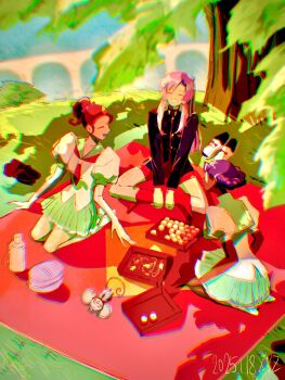 3girls ^_^ animal brown_hair chinese_commentary chu_chu_(shoujo_kakumei_utena) closed_eyes dated glitch green_skirt highres himemiya_anthy monkey multiple_girls outdoors picnic pink_hair pleated_skirt ponytail puffy_short_sleeves puffy_sleeves purple_hair school_uniform seiza shinohara_wakaba shoes short_sleeves shoujo_kakumei_utena sitting skirt tenjou_utena unworn_shoes white_footwear windychariot
