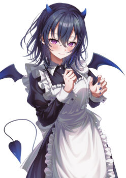 Rule 34 | 1girl, absurdres, alternate costume, apron, bat wings, black hair, blue horns, blue nails, curled fingers, double-parted bangs, dress, earrings, enmaided, frilled apron, frills, hair between eyes, heart, heart tail, highres, horns, ichinose uruha, jewelry, juliet sleeves, long dress, long sleeves, lupinus virtual games, maid, medium hair, multicolored hair, puffy sleeves, purple eyes, sasamisable, simple background, small horns, solo, streaked hair, tail, virtual youtuber, vspo!, white apron, white background, wings, wrist cuffs
