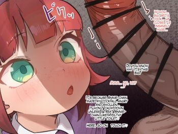 1boy 1girl annie_(league_of_legends) bar_censor black_background blush censored close-up confused dark-skinned_male dark_skin english_text erection eyebrows_hidden_by_hair eyelashes freckles from_above from_side gradient_background green_eyes grey_background hetero interracial large_penis league_of_legends loli looking_at_penis looking_up mimizuki90 open_mouth penis penis_awe penis_close_to_face penis_shadow purple_shirt red_hair shirt short_hair simple_background solo_focus testicles two-tone_background variant_set very_dark_skin