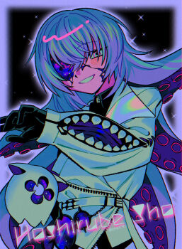 1boy black_gloves black_shirt blush character_name collared_shirt gloves grey_eyes highres hoshirube_sho hoshirube_sho_(1st_costume) long_hair long_sleeves male_focus menma_(enaic31) nijisanji open_mouth otomo_(hoshirube_sho) purple_hair shirt smile solo tentacle_hair tentacles twitter_username upper_body virtual_youtuber