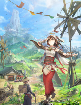 1girl 6+boys :o architecture arm_warmers backpack bag bird boots brown_eyes brown_hair building cart day east_asian_architecture fantasy flag grass hair_tubes hat landscape long_skirt looking_afar looking_up mountain multiple_boys original outdoors outstretched_arm path pushing red_skirt ribbon rice_hat road sash scenery shading_eyes short_hair sidelocks skirt sky sleeveless standing standing_on_one_leg string_of_flags sunlight tent_(pabell) umbrella cane water waterfall wind windmill