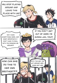 agumon angry cell crown digimon digimon_adventure digimon_survive dracumon goggles goggles_on_head highres momotsuka_takuma ribbon shakomon shinonome_kaito shinonome_miu sweatdrop