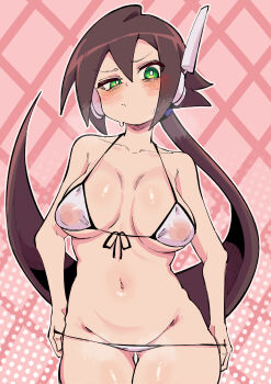 1girl absurdres aile_(mega_man_zx) bikini bikini_bottom_pull blush breath brown_hair buzzlyears cowboy_shot front-tie_bikini_top front-tie_top green_eyes highres long_hair mega_man_(series) mega_man_zx mega_man_zx_advent micro_bikini navel nipples pink_background ponytail robot_ears see-through_bikini see-through_clothes simple_background solo swimsuit white_bikini