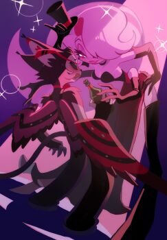 2boys angel_dust black_gloves breasts crossdressing drag_queen dress elbow_gloves gloves hazbin_hotel hellaverse highres humanization husk_(hazbin_hotel) karohujiwtf large_breasts long_hair multiple_boys pink_hair red_dress side_slit smile thighs yaoi