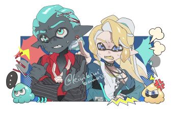 ... 2boys anger_vein artist_name black_skin black_suit blonde_hair blue_background blue_eyes blue_hair blue_jacket border colored_skin eyebrow_cut formal_clothes highres inkling inkling_boy inkling_player_character jacket kiwi_splatoon lightning_bolt_symbol male_focus multiple_boys nintendo open_clothes open_jacket open_mouth outside_border pointy_ears shirt splatoon_(series) splatoon_3 spoken_ellipsis squid suit sweat teeth tentacle_hair white_border white_shirt
