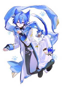 1boy :3 absurdres animal_ears belt black_boots black_gloves black_pants black_shirt blue_belt blue_eyes blue_hair blue_nails blue_scarf boots cat_boy cat_ears cat_tail character_doll chibi chibi_inset coat doll eluosibeiennuolisi fang fingerless_gloves floating_scarf full_body gloves highres jacket kaito_(vocaloid) looking_at_viewer male_focus microphone pants paw_pose paw_print scarf shirt short_hair simple_background smile solo tail vocaloid white_background white_coat