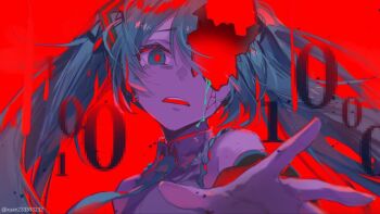 1girl aqua_eyes aqua_hair aqua_necktie bare_shoulders binary blue_eyes blue_hair collared_shirt cracked_skin crumbling hair_ornament hatsune_miku hole_in_head hollow_body ken_233333232 long_hair looking_at_viewer marshmallow_(vocaloid) necktie one-eyed parted_lips reaching reaching_towards_viewer red_background red_pupils shirt simple_background sleeveless solo tears teeth twintails twitter_username upper_teeth_only very_long_hair vocaloid