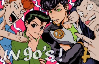 4boys :d :q black_eyes black_hair black_jacket blue_shirt commentary crossed_arms crossover diamond_wa_kudakenai english_text finger_frame green_eyes green_jacket green_shirt hand_on_own_chin higashikata_josuke jacket jojo_no_kimyou_na_bouken kilva_lollop kuwabara_kazuma look-alike looking_at_viewer male_focus multiple_boys nijimura_okuyasu open_mouth orange_hair parted_lips peace_symbol pink_background pompadour sanpaku sarayashiki_junior_high_school_uniform school_uniform shirt short_hair simple_background smile symbol-only_commentary tongue tongue_out undershirt upper_body urameshi_yusuke yuu_yuu_hakusho