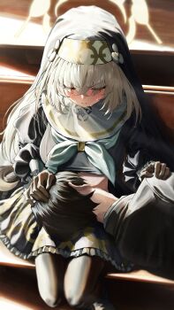 1boy 1girl absurdres black_coif black_gloves black_pantyhose blue_archive blush bocchi_(kuropom7) breast_rest breasts breasts_on_head closed_eyes coif crossed_bangs gloves grey_hair grey_halo halo highres lap_pillow large_breasts long_hair long_sleeves lying lying_on_lap nun on_side pantyhose sakurako_(blue_archive) very_long_hair winged_halo