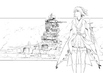 1girl closed_mouth detached_sleeves frilled_skirt frills greyscale hair_between_eyes headgear hiei_(battleship) hiei_(kancolle) japanese_clothes kantai_collection monochrome nontraditional_miko ribbon-trimmed_sleeves ribbon_trim ship short_hair skirt solo takeshima_satoshi thighhighs watercraft wide_sleeves