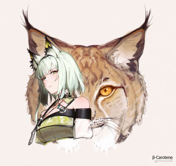 1girl absurdres animal animal_ear_fluff animal_ears arknights bare_shoulders breasts cleavage closed_mouth collarbone commentary cropped_torso dress green_dress green_eyes grey_background grey_hair highres kal'tsit_(arknights) looking_at_viewer lufi_ays lynx medium_breasts orange_eyes simple_background solo upper_body
