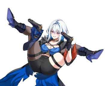 1girl aiming bass_guitar black_boots black_gloves black_jacket black_pantyhose black_shorts black_thighhighs blue_bra blue_hair blue_nails boots bra breasts colored_inner_hair commentary cropped_jacket dual_wielding filthy_frank foxyreine galbrena_(wuthering_waves) gloves gold_choker grey_hair hair_between_eyes high_heel_boots high_heels highres holding instrument jacket medium_breasts medium_hair multicolored_hair mutation pantyhose parted_lips purple_eyes shorts simple_background single_glove single_leg_pantyhose single_thighhigh smile solo thigh_strap thighhighs thighs underwear v-shaped_eyebrows very_long_fingernails white_background wuthering_waves