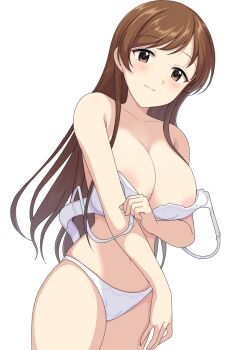 1girl areola_slip bare_shoulders bra bra_pull breasts brown_eyes brown_hair cleavage closed_mouth clothes_pull cowboy_shot crotch_seam idolmaster idolmaster_cinderella_girls large_breasts light_blush light_smile long_hair looking_at_viewer navel nitta_minami open_bra panties perapera simple_background solo standing underwear underwear_only undressing unfastened white_background white_bra white_panties