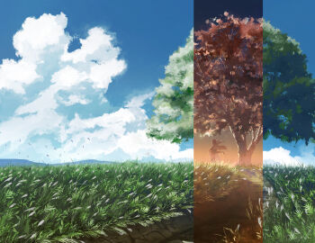 1girl absurdres alternate_hairstyle animal_ears autumn autumn_leaves bird black_skirt blue_sky cherry_tree cloud cloudy_sky commentary day detached_sleeves facing_away field floating_hair flock from_behind full_body grass hat highres inubashiri_momiji landscape large_variant_set leaf long_hair long_skirt nature orange_sky oubachiago outdoors path procreate_(medium) red_ribbon red_trim ribbon road scabbard scenery sheath sheathed shirt signature skirt sky sleeveless sleeveless_shirt solo summer sword sword_on_back sword_tassel symbol-only_commentary tail tassel tokin_hat touhou tree variant_set very_wide_shot weapon weapon_on_back white_hair white_shirt white_tail wide_sleeves wolf_ears wolf_girl wolf_tail