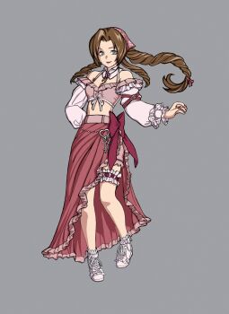 1girl adapted_costume aerith_gainsborough aerith_gainsborough_(floral_delight) alternate_costume arm_behind_back bare_shoulders boots bow braid braided_ponytail breasts brown_hair choker cleavage closed_mouth crop_top detached_collar final_fantasy final_fantasy_vii final_fantasy_vii_rebirth final_fantasy_vii_remake flower_choker frilled_skirt frilled_sleeves frills full_body green_eyes grey_background hair_ribbon hand_on_own_hip headscarf herzenreine highres key keyring lace-up_top light_smile long_hair long_sleeves medium_breasts midriff nail_polish parted_bangs pink_boots pink_ribbon pink_shirt pink_shorts pink_skirt print_headwear puffy_long_sleeves puffy_sleeves red_bow red_nails ribbon shirt shorts shorts_under_skirt side_slit sidelocks single_braid skirt solo thigh_strap