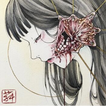 1girl close-up expressionless grey_eyes grey_hair guro hook injury meimaro original painting_(medium) pale_skin parted_lips profile solo teeth traditional_media upper_body