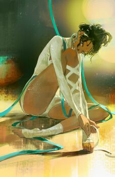 1girl absurdres applying_bandages athletic_leotard bandaged_foot bandages bindi black_hair blue_ribbon blurry blurry_background braid covered_mouth cqqqqdaze dark-skinned_female dark_skin facial_mark forehead_mark full_body gymnastics hair_ornament half_up_braid highres kaalaa_baunaa knee_up leotard long_sleeves no_shoes official_alternate_costume on_ground plantar_flexion purple_eyes reverse:1999 ribbon ring_hair_ornament sitting socks solo toeless_legwear toes white_leotard white_socks