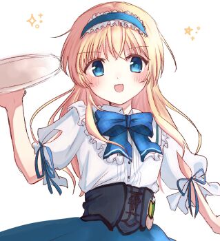 1girl :d black_corset blonde_hair blue_bow blue_bowtie blue_eyes blue_hairband blue_pupils blue_ribbon blue_skirt blush bow bowtie commentary corset cowboy_shot daitoshokan_no_hitsujikai floating_hair frilled_hairband frilled_shirt_collar frills hair_between_eyes hairband hand_up highres holding holding_tray lolita_hairband long_hair looking_at_viewer open_mouth puffy_short_sleeves puffy_sleeves retugo_asa ribbon shirt short_sleeves sidelocks simple_background skirt sleeve_ribbon smile solo straight_hair suzuki_kana tareme tray v-shaped_eyebrows waitress white_background white_shirt