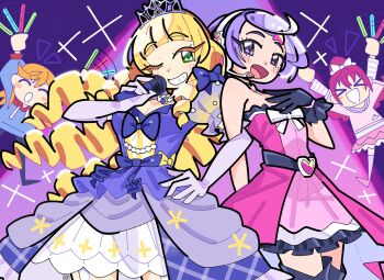 aida_mana arm_warmers blonde_hair blunt_bangs bourbunbun breasts brooch choker dokidoki!_precure dress drill_hair elbow_gloves gloves green_eyes hair_ornament heanna_sumire heart heart_brooch highres jewelry kenzaki_makoto liella!_first_generation long_hair love_live! love_live!_superstar!! magical_girl necklace nonfiction!!_(love_live!) official_alternate_costume precure puffy_short_sleeves puffy_sleeves purple_dress purple_eyes purple_gloves purple_hair shibuya_kanon short_hair short_sleeves skirt smile stage tiara