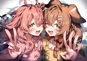 2girls :3 absurdres ahoge alternate_costume animal_ears belt_collar blush braid breast_press brown_eyes brown_hair clothes_writing collar collarbone dog_ears dog_girl fang green_eyes hair_between_eyes highres hololive inugami_korone long_hair looking_at_viewer multiple_girls one_eye_closed open_mouth palms pink_hair pink_shirt redcomet sakura_miko shirt short_sleeves skin_fang smile sparkle sparkling_eyes teeth twin_braids upper_teeth_only virtual_youtuber yellow_shirt