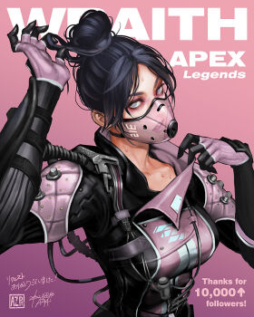 1girl apex_legends az_pt black_hair breasts character_name collarbone copyright_name dated duplicate gloves grey_eyes hair_bun head_tilt highres jacket mask medium_breasts milestone_celebration mouth_mask official_alternate_costume pink_background pink_gloves pink_jacket pink_mask realistic see-through_clothes see-through_mask single_hair_bun solo sweat upper_body void_specialist_wraith wraith_(apex_legends)