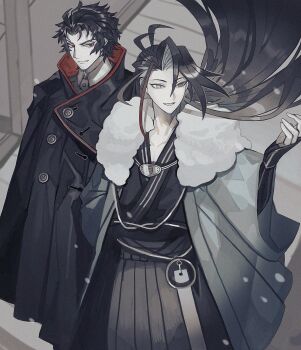 Rule 34 | 2boys, antenna hair, black hair, cloak, curtained hair, falling petals, fate/grand order, fate (series), grey eyes, haori, heterochromia, highres, hijikata toshizou (fate), japanese clothes, kimono, kondou isami (fate), long hair, long sleeves, male focus, multiple boys, open mouth, petals, qex3q, red eyes, shirt, short hair, smile