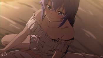 1boy 1girl artist_logo assertive_female bed black_bra blue_eyes blue_hair blush bra braid camisole collarbone commentary crossed_bangs english_commentary girl_on_top hair_between_eyes indoors keihh logo long_braid long_hair mushoku_tensei on_bed roxy_migurdia rudeus_greyrat scene_reference smile strap_slip thighs twin_braids underwear white_camisole