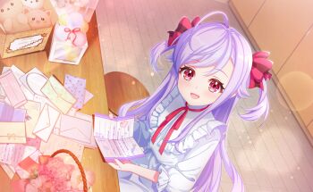 Rule 34 | 1girl, :d, ahoge, blush, book, chair, commentary request, dress, frills, game cg, hair ribbon, highres, indoors, long hair, looking at viewer, niizuma yae, official art, open book, open mouth, paper, purple hair, red eyes, red ribbon, ribbon, sitting, smile, solo, third-party source, two side up, white dress, wooden floor, world dai star