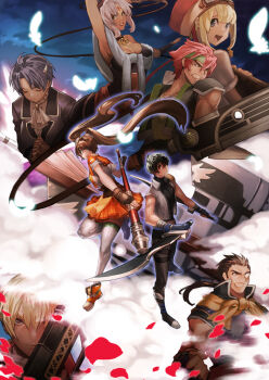 4boys 4girls agate_crosner black_hair blonde_hair brown_hair dual_wielding eiyuu_densetsu estelle_bright falcom gloves goggles goggles_on_head hat herz_(crimson_r) highres holding joshua_bright kloe_rinz long_hair multiple_boys multiple_girls olivert_reise_arnor purple_hair red_hair scherazard_harvey sora_no_kiseki staff sword tita_russell twintails weapon zin_vathek