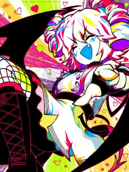 1girl ^_^ boots chimera closed_eyes drill_hair fang heart highres jacket kasane_teto kasane_teto_(sv) lightning_bolt_symbol long_hair machine_love_(synthesizer_v) open_mouth pointing pointing_at_viewer rainbow_background rainbow_gradient red_hair solo spoodigus star_(symbol) synthesizer_v twin_drills wings