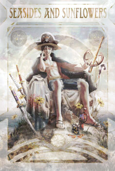 Rule 34 | 1boy, black cape, black eyes, black hair, cape, commentary, english commentary, english text, facial scar, flower, full body, hat, highres, ira fook, katana, male focus, monkey d. luffy, one piece, open clothes, open shirt, outdoors, pirate, pirate hat, red shirt, scar, scar on cheek, scar on chest, scar on face, shirt, short hair, sitting, slingshot (weapon), smile, solo, sun symbol, sword, weapon