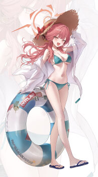 1girl :d absurdres aru_(blue_archive) bare_shoulders bikini blue_archive blue_bikini blush breasts cleavage collarbone commentary demon_horns feet flip-flops full_body halo hand_on_headwear hat highres horns jacket large_breasts long_hair long_sleeves looking_at_viewer navel off_shoulder okkimon open_mouth orange_halo pink_hair sandals see-through_clothes see-through_jacket side-tie_bikini_bottom simple_background smile solo standing stomach sun_hat swim_ring swimsuit thighs toes triangle_mouth untranslatable_commentary white_background white_jacket yellow_eyes zoom_layer