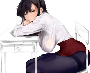 1girl :o absurdres black_hair breasts button_gap chair collared_shirt crossed_arms desk dress_shirt hanging_breasts highres impossible_clothes impossible_shirt komi-san_wa_komyushou_desu komi_shouko large_breasts long_hair long_sleeves looking_at_viewer mamimi_(mamamimi) miniskirt pantyhose red_skirt sagging_breasts school_chair school_desk shirt sidelocks simple_background skirt solo thighband_pantyhose white_background white_shirt