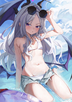 1girl absurdres alternate_costume bare_shoulders bikini bikini_bottom_under_shorts bikini_under_clothes blue_archive breasts cloud cloudy_sky day demon_horns demon_wings denim denim_shorts eyewear_on_head highres hina_(blue_archive) horns loli long_hair looking_at_viewer navel no_shirt outdoors parted_lips purple_eyes rosu_1109 round_eyewear shorts sitting sky small_breasts solo stomach sunglasses swim_ring swimsuit very_long_hair water wet white_bikini white_hair white_shorts wings yokozuwari