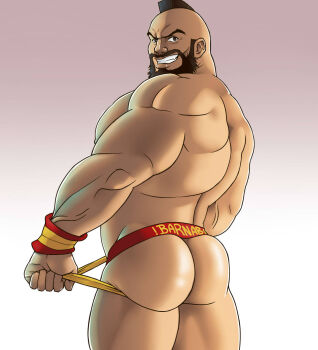 1boy armband ass back_muscles bara cropped_legs facial_hair highres jockstrap lupin_barnabi male_focus male_underwear male_underwear_pull mohawk muscular muscular_male seductive_smile simple_background smile street_fighter teeth underwear underwear_only zangief