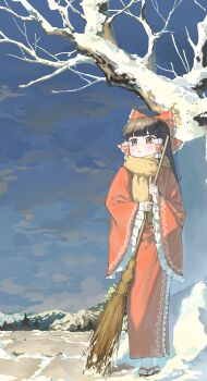 1girl :| absurdres black_hair bow broom closed_mouth commentary_request dot_nose frilled_bow frilled_hair_tubes frilled_sleeves frills hair_bow hair_tubes hakurei_reimu highres holding holding_broom japanese_clothes kimono kori_(pixiv_27692799) looking_to_the_side outdoors red_bow red_kimono sandals scarf snow solo tabi touhou wide_sleeves yellow_scarf zouri