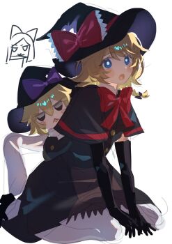2girls an_(anananan393939) apron black_capelet black_eyes black_gloves black_hat black_skirt black_vest blonde_hair blue_eyes bow bowtie braid bright_pupils brown_apron capelet commentary_request cookie_(touhou) elbow_gloves full_body gloves hat hat_bow highres kirisame_marisa looking_at_viewer meguru_(cookie) multiple_girls open_mouth pantyhose purple_bow red_bow red_bowtie seiza shirt side_braid simple_background single_braid sitting skirt skirt_set sleeves_past_fingers sleeves_past_wrists touhou vest waist_apron white_background white_pantyhose white_pupils white_shirt witch_hat yuuhi_(cookie)