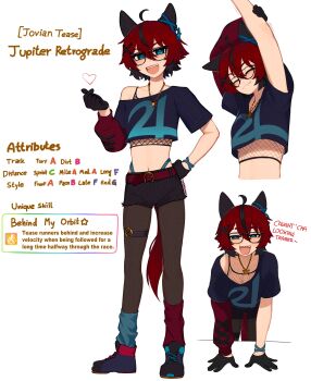 1girl absurdres animal_ears arms_up black_gloves black_shorts breasts brown_hair commentary english_commentary english_text freckles glasses gloves hair_between_eyes highres horse_ears horse_girl horse_tail looking_at_viewer navel original sharp_teeth shorts single_bare_shoulder smile stomach tail teeth yoako