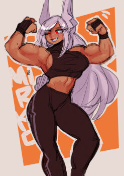 Rule 34 | 1girl, 2022, absurdres, arms up, biceps, black gloves, black pants, black shirt, blush, boku no hero academia, border, character name, commentary, dark-skinned female, dark skin, english commentary, feet out of frame, female focus, fingerless gloves, flexing, gloves, grin, highres, long hair, midriff, mirko, muscular, muscular female, one eye closed, orange background, outline, pants, partially fingerless gloves, rabbit ears, rabbit tail, red eyes, shirt, sleeveless, sleeveless shirt, smile, solo, standing, turtleneck, very long hair, white border, white hair, widisu, wink, yoga pants