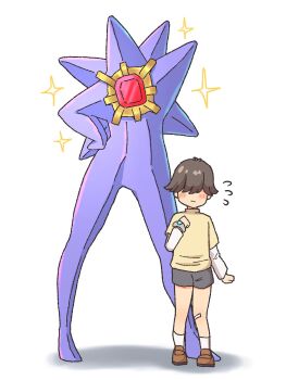 1boy 1other blush_stickers echieichi embarrassed gen_1_pokemon hair_over_eyes highres mega_pokemon mega_ring mega_starmie nintendo no_humans pokemon pokemon_(creature) pokemon_focus simple_background standing star_(symbol) starmie trap white_background