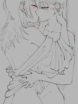 2girls bang_dream! bang_dream!_it&#039;s_mygo!!!!! blush bottomless closed_eyes couple doki_(oox3o) ear_blush greyscale hand_on_another&#039;s_ear highres kiss long_hair mole mole_under_eye monochrome multiple_girls shiina_taki short_hair yahata_umiri yuri