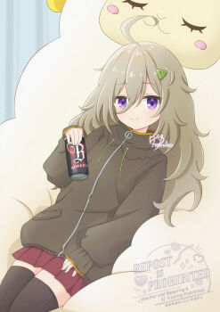 1girl 299nerukowinter absurdres ahoge brown_hair can closed_mouth commentary_request curly_hair energy_drink hair_between_eyes hair_ornament hand_up hibi_wa_sugiredo_meshi_umashi higa_tsutsuji highres holding holding_can indoors jacket long_hair long_sleeves lying on_back pleated_skirt purple_eyes red_skirt signature skirt sleeves_past_wrists smile solo thighhighs watermark