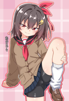 1girl bike_shorts bike_shorts_under_skirt black_sailor_collar blue_skirt blush brown_cardigan brown_hair brown_shoes buttons cardigan closed_mouth commentary_request cowboy_shot denmaru._(dedendenmaru) hair_between_eyes hair_ornament hair_ribbon highres leg_up loafers long_sleeves looking_at_viewer medium_hair miniskirt neckerchief original outline pink_background pleated_skirt red_eyes red_neckerchief red_outline red_ribbon ribbon sailor_collar school_uniform serafuku shoes skirt smile socks solo star_(symbol) star_hair_ornament translation_request white_outline white_socks