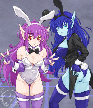 2girls :o ahoge animal_ear_hairband animal_ears artist_logo ass black_bow black_bowtie black_jacket blue_eyes blue_gloves blue_hair blue_skin blue_thighhighs bow bowtie breasts cleavage collar colored_skin commentary_request cowboy_shot crossed_bangs double_v elbow_gloves fake_animal_ears fake_tail gloves grey_background grid hairband hands_on_own_hips highres jacket large_breasts leaning_forward leotard logo long_hair looking_at_viewer multiple_girls nei neifirst partial_commentary partially_fingerless_gloves phantasy_star phantasy_star_ii playboy_bunny pointy_ears purple_gloves purple_hair purple_thighhighs rabbit_ears rabbit_tail red_eyes simple_background soumanantoka strapless strapless_leotard tail thigh_strap thighhighs v white_collar white_leotard white_straps white_wrist_cuffs wrist_cuffs